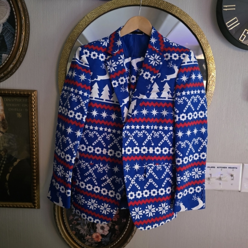 Christmas Holiday Print Festive Blue Patterned Men's Suit & Pants 34s 28w‎